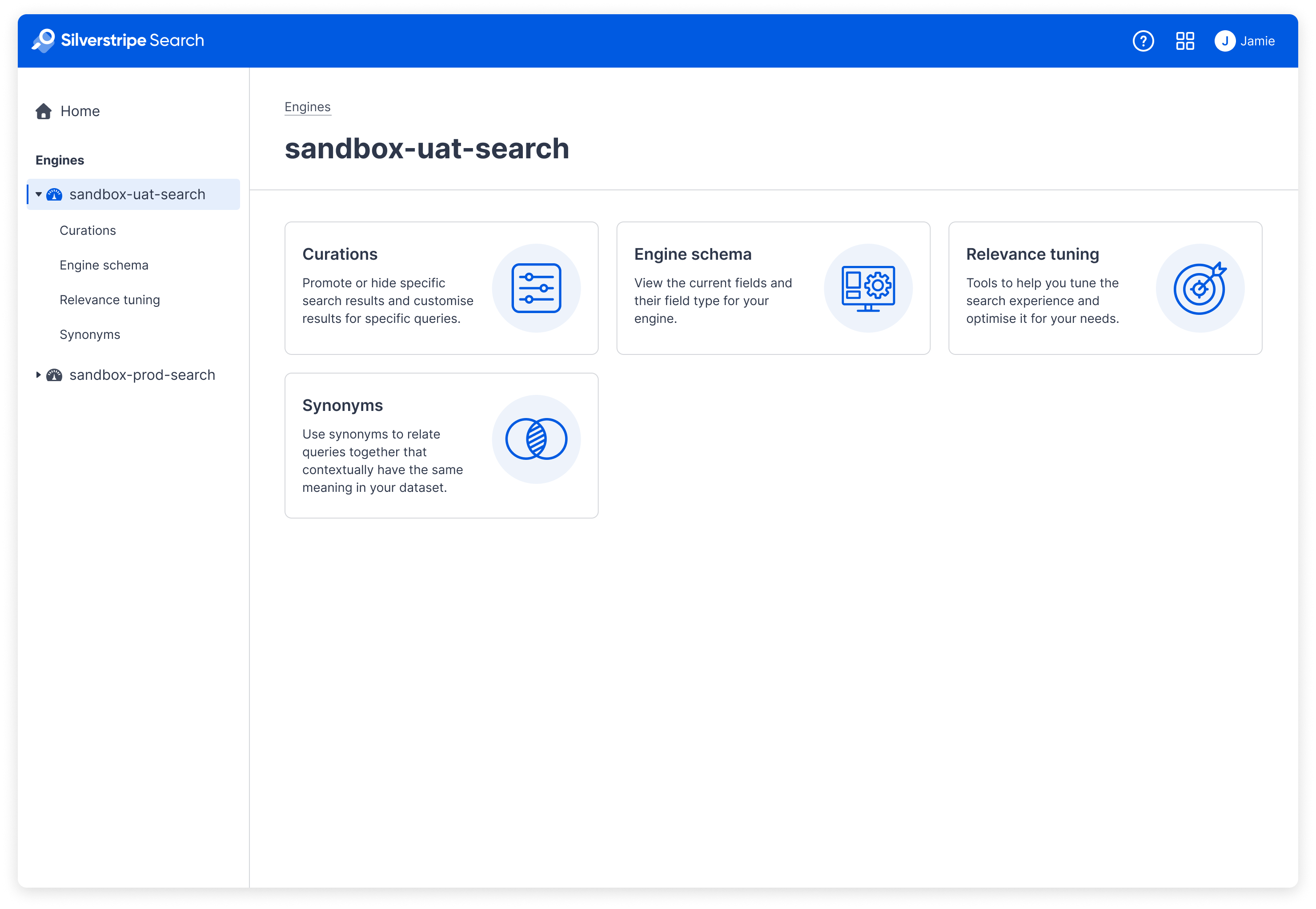 Screenshot of Silverstripe Search dashboard showing some of the features: Curations, Synonyms, Engine schema, Relevance tuning