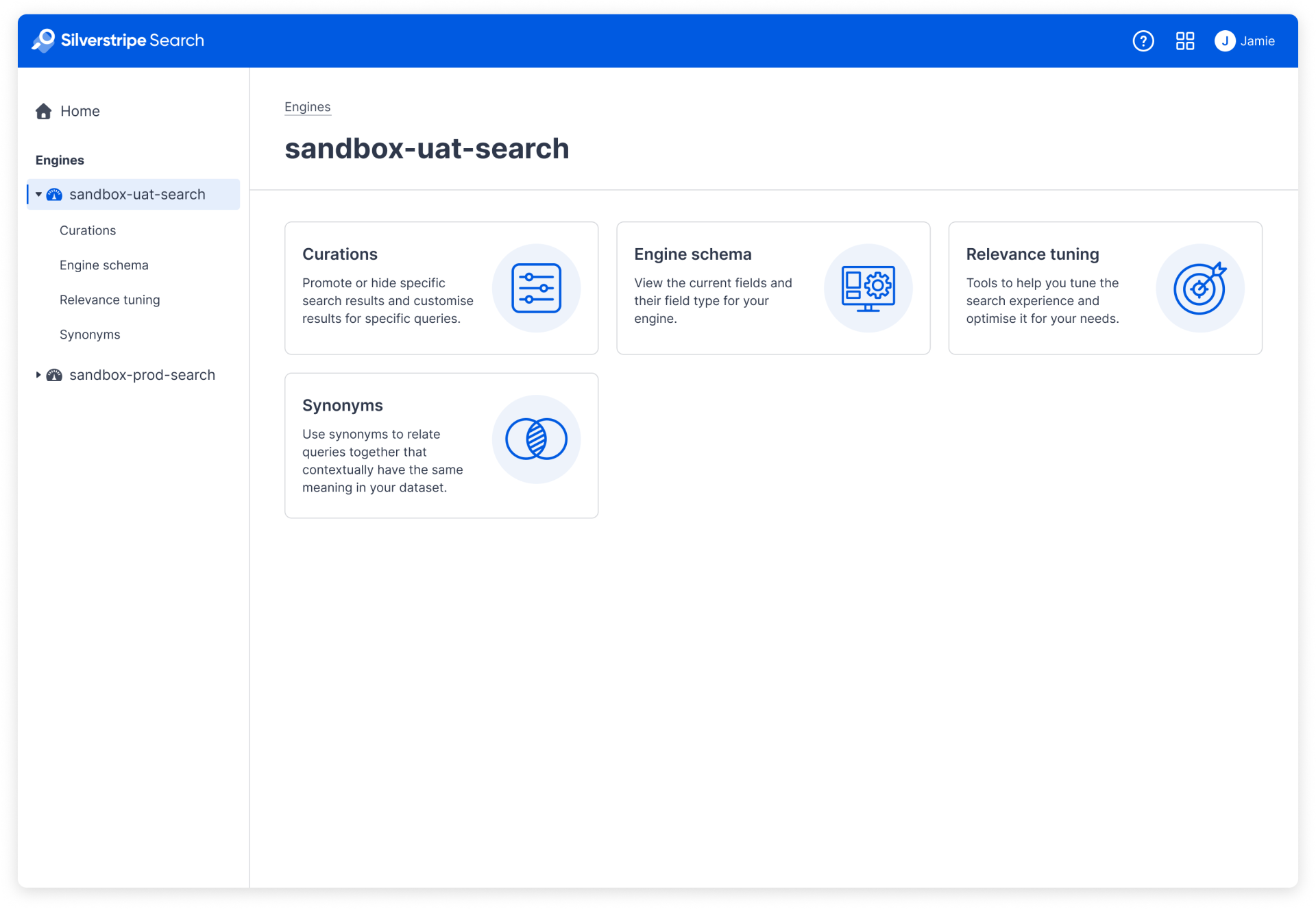 Screenshot of Silverstripe Search dashboard showing some of the features: Curations, Synonyms, Engine schema, Relevance tuning