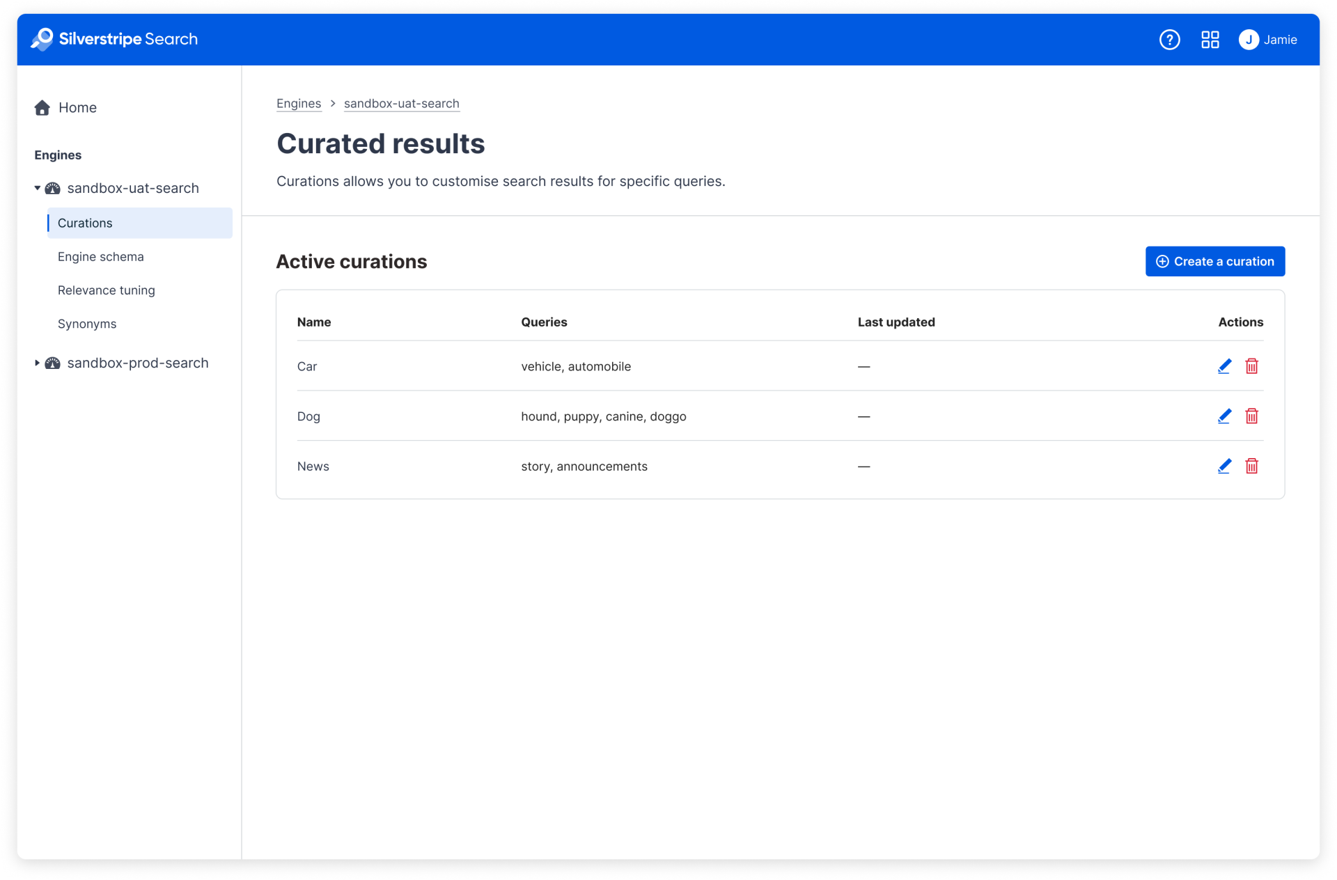 Screenshot of Silverstripe Search dashboard showing some of the active curations